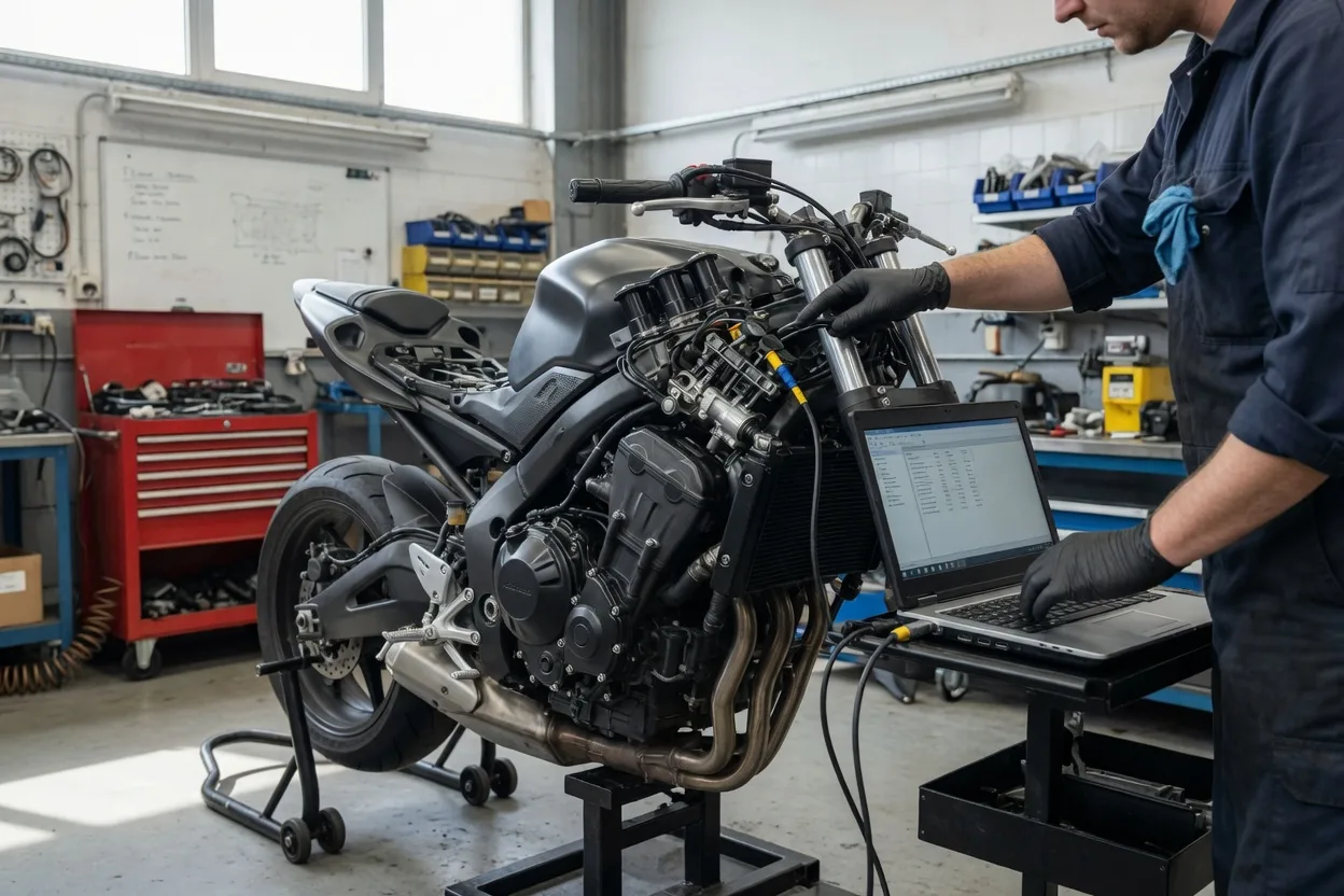 Mechanik v dílně připojuje diagnostiku k motorce na stojanu