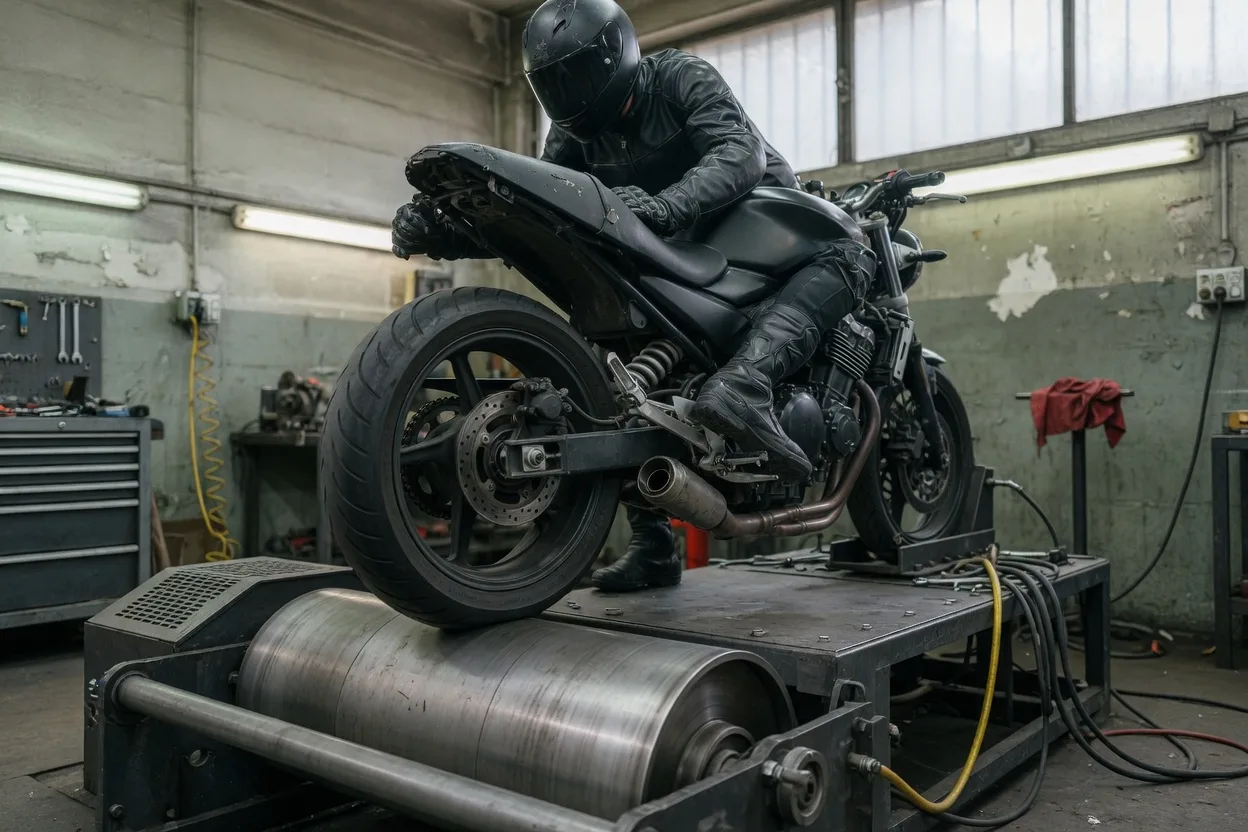 Motorka na válcové zkušebně výkonu v dílně