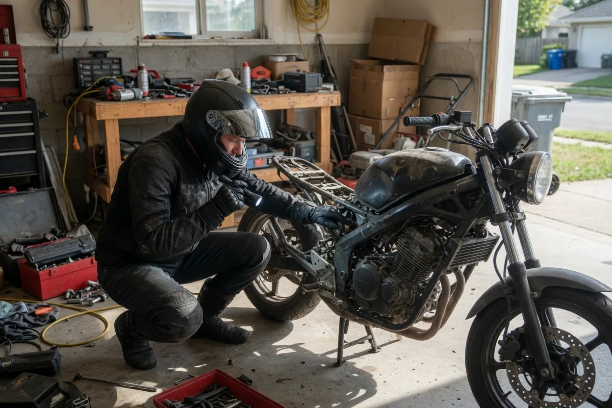 Zájemce si v garáži prohlíží ojetou motorku u hlavy řízení