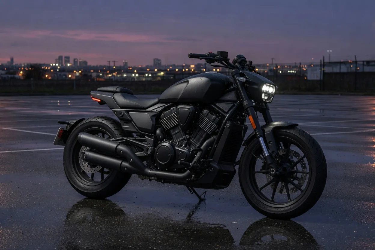 Ilustrační moderní power cruiser s kapalinou chlazeným motorem na mokrém parkovišti za soumraku