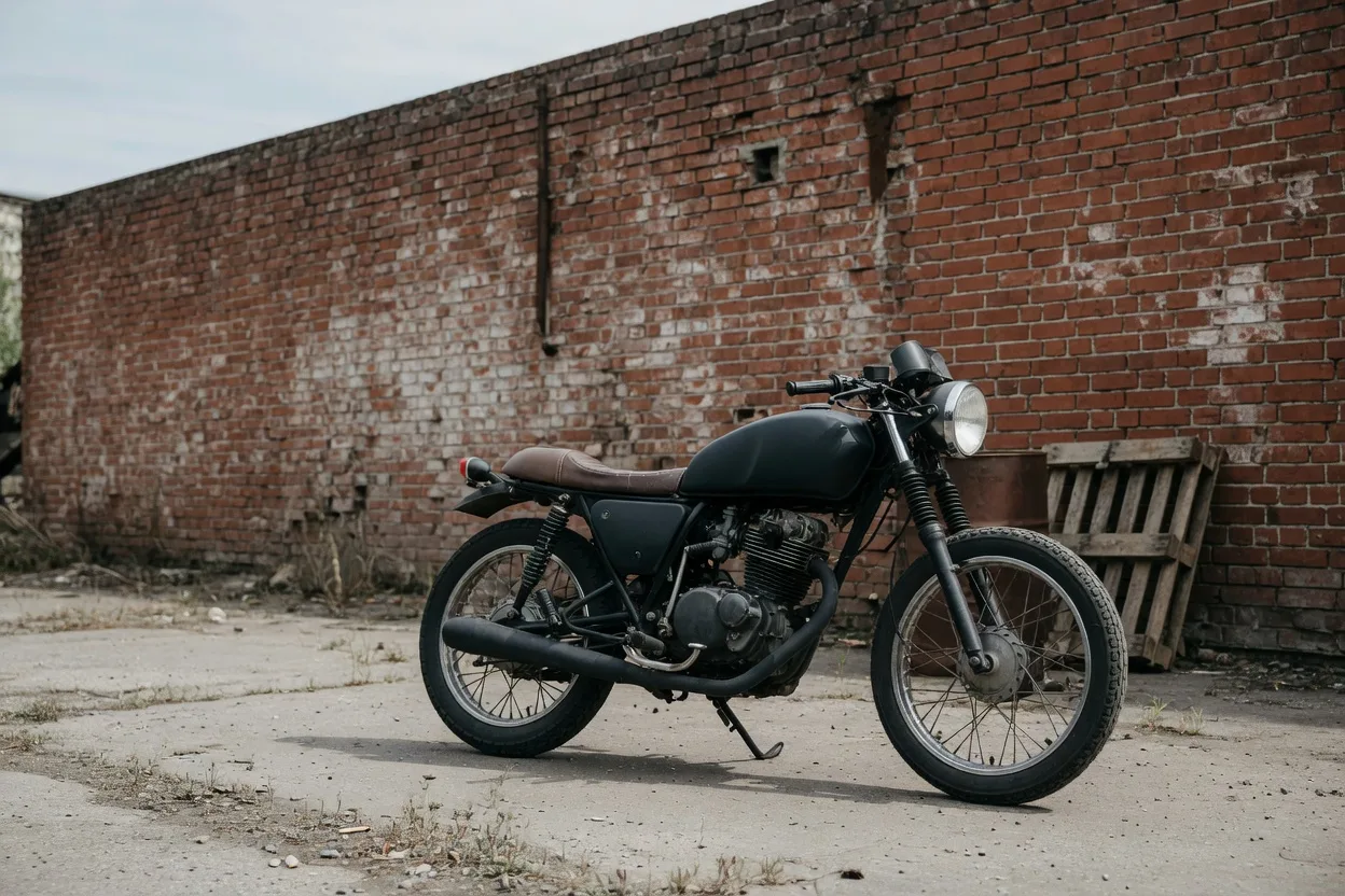 Ilustrační retro cafe racer s koženým sedlem před cihlovou zdí