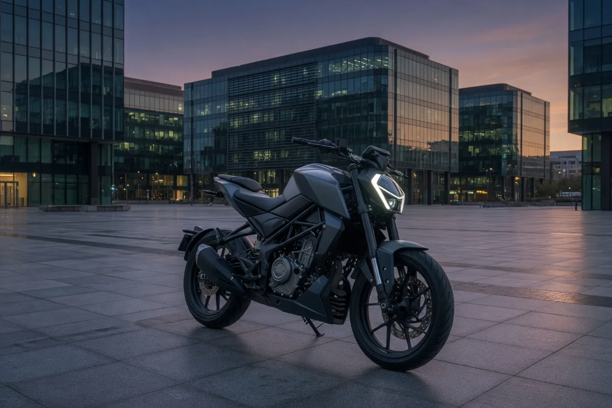 Ilustrační moderní naked motocykl střední třídy na městském náměstí za soumraku