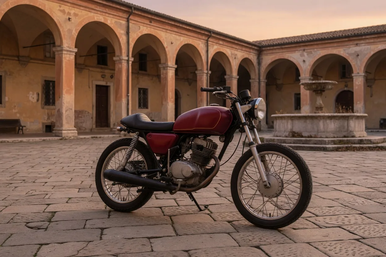 Ilustrační café racer malého objemu na starém italském náměstí