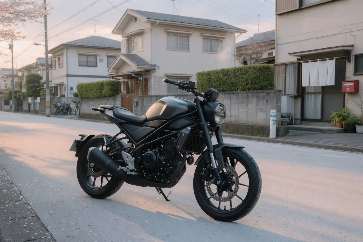Ilustrační naked motocykl střední třídy na předměstské ulici