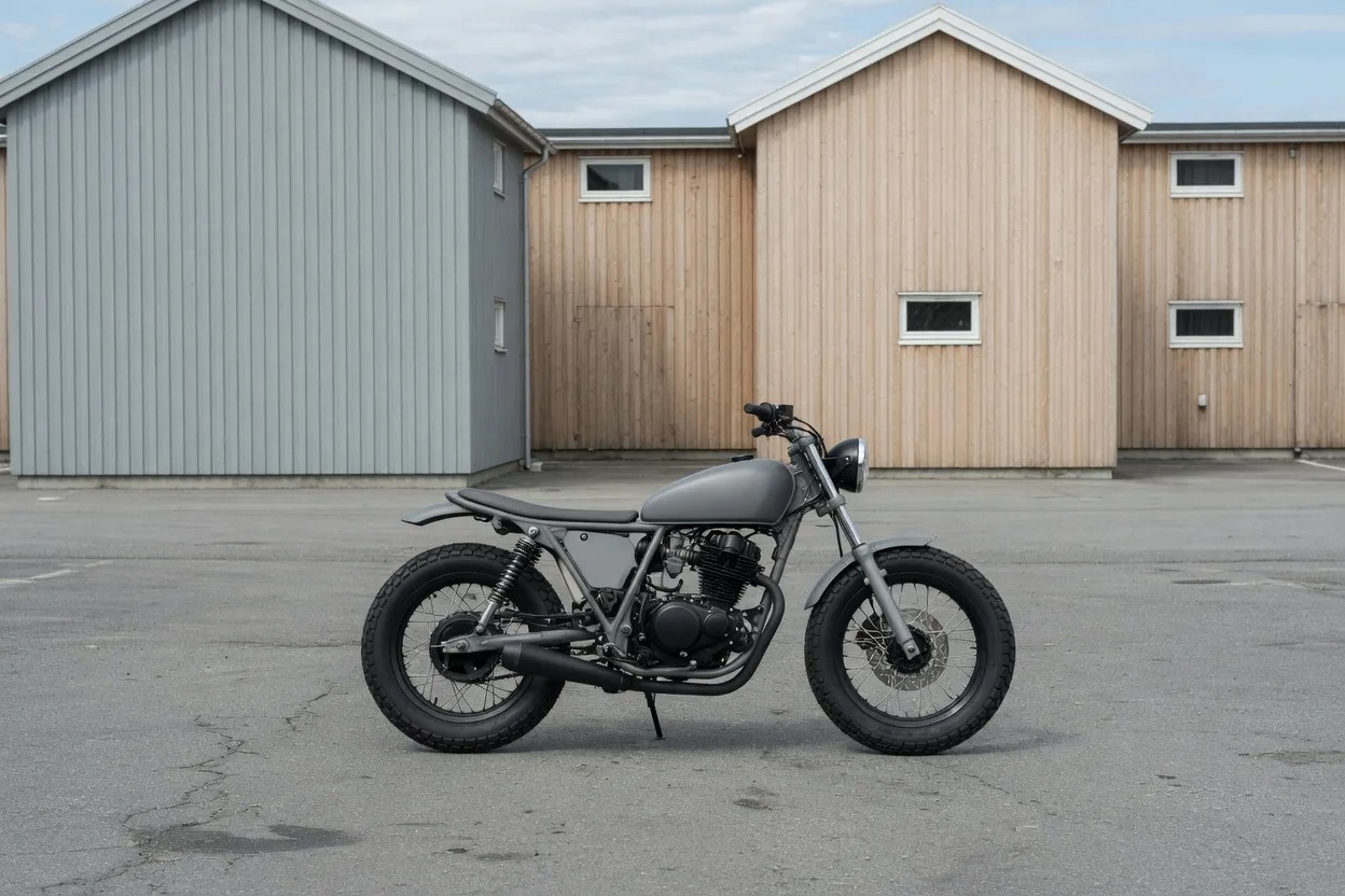 Ilustrační minimalistický silniční motocykl před betonovou budovou