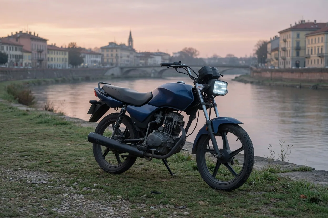 Ilustrační naked motocykl 125 cm³ na nábřeží za úsvitu