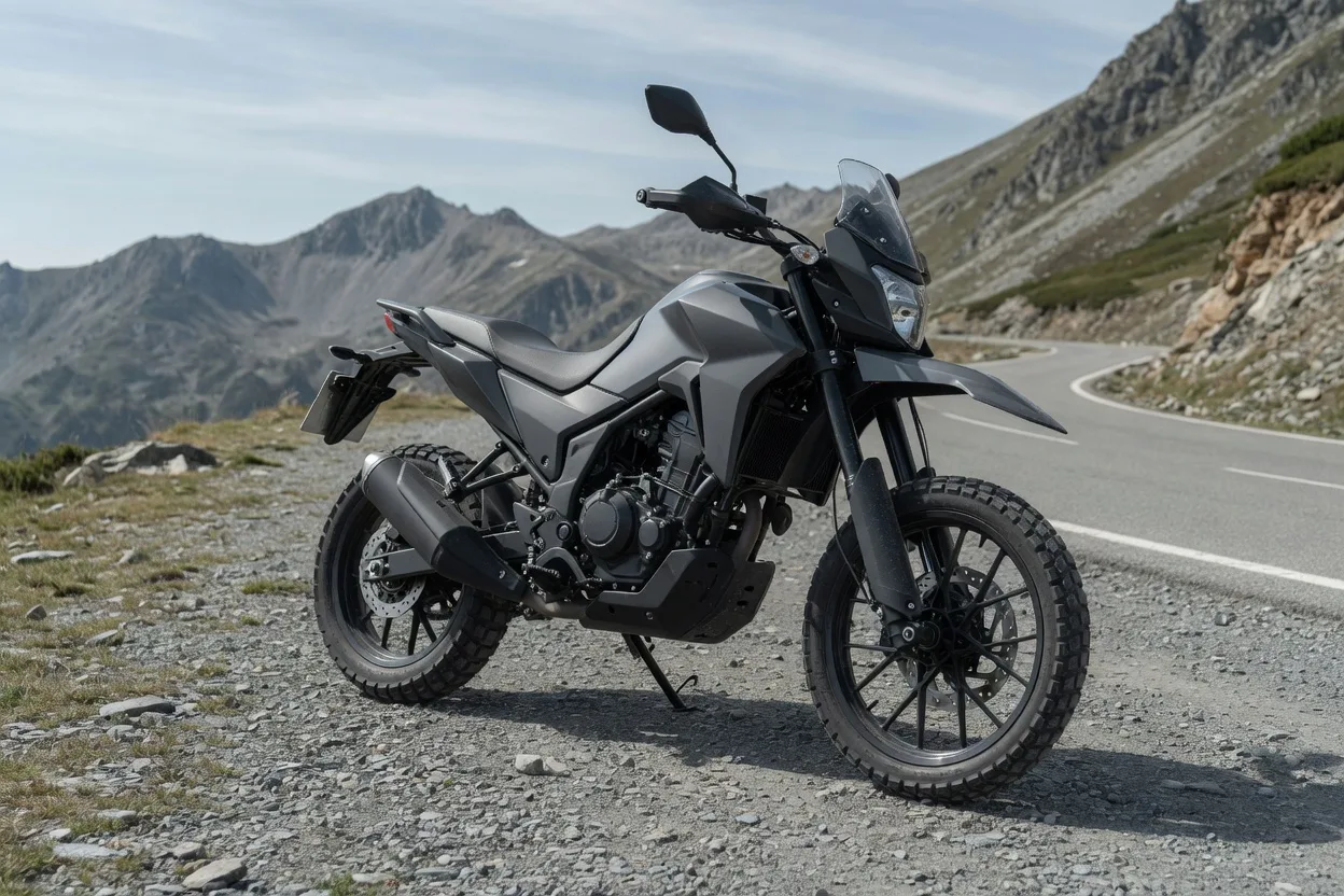 Ilustrační jednoválcový enduro motocykl na štěrkové cestě