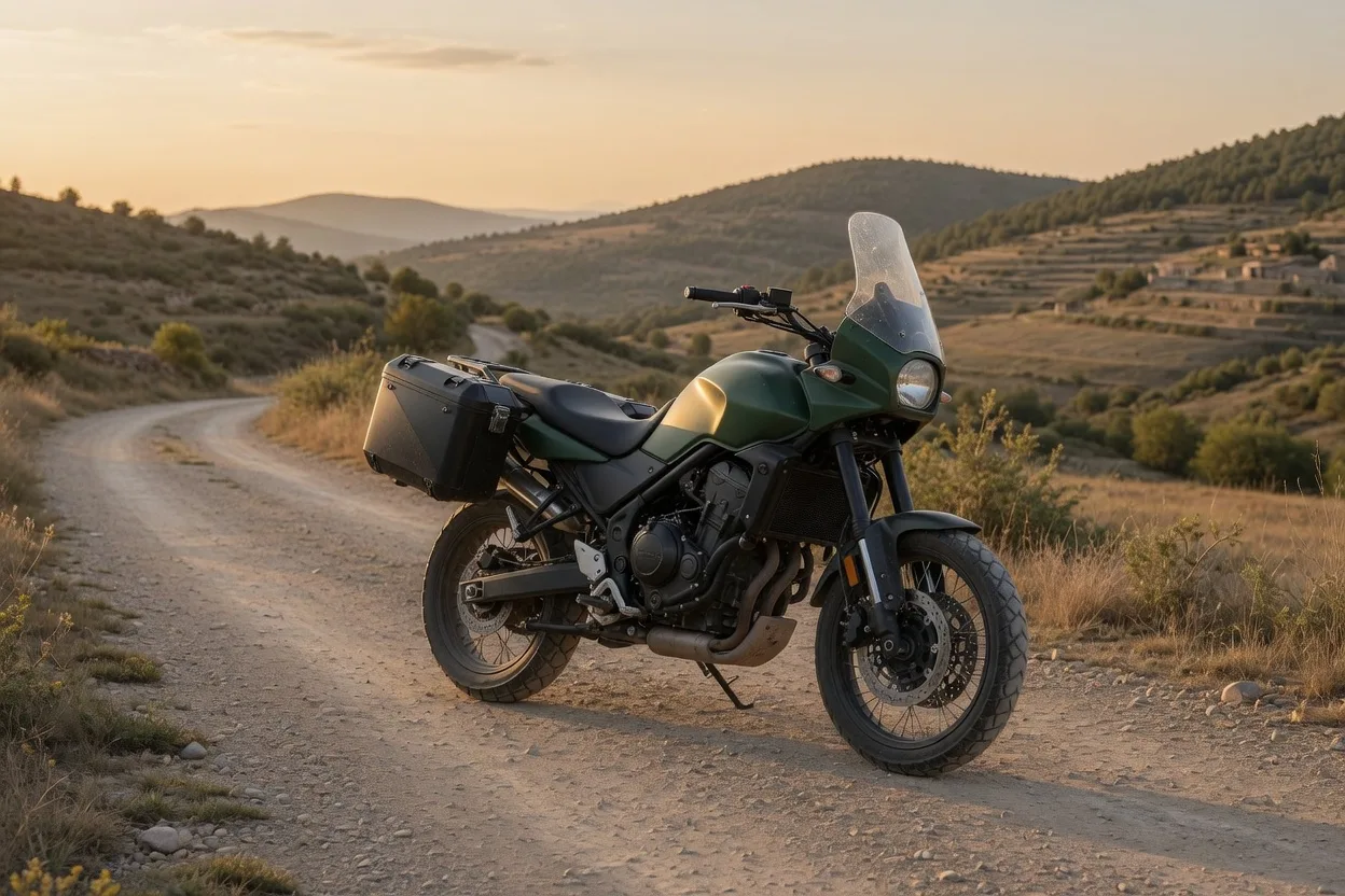 Ilustrační malý adventure motocykl s kufry na prašné cestě v katalánských kopcích