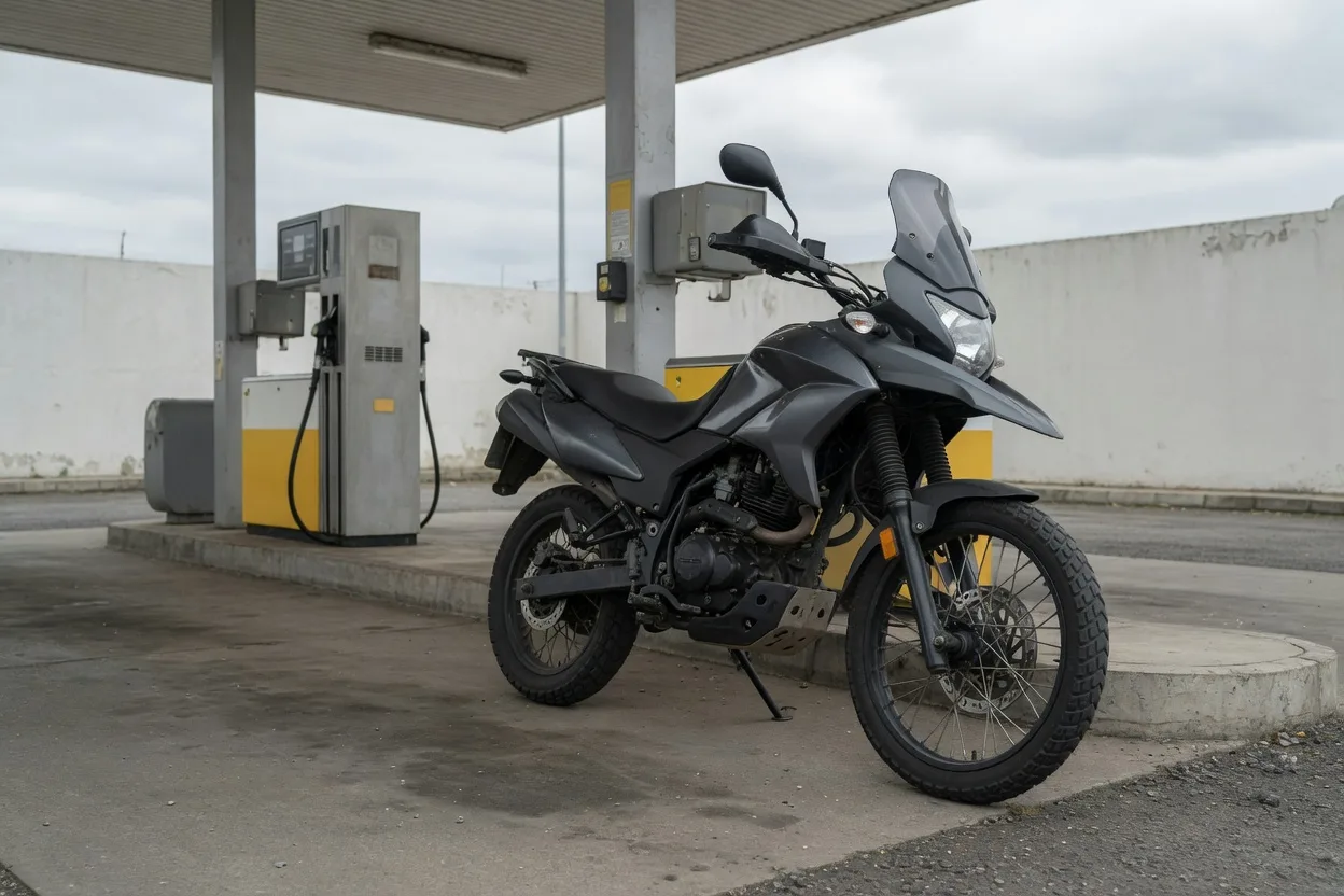 Ilustrační motocykl 125 cm³ ve stylu adventure u čerpací stanice