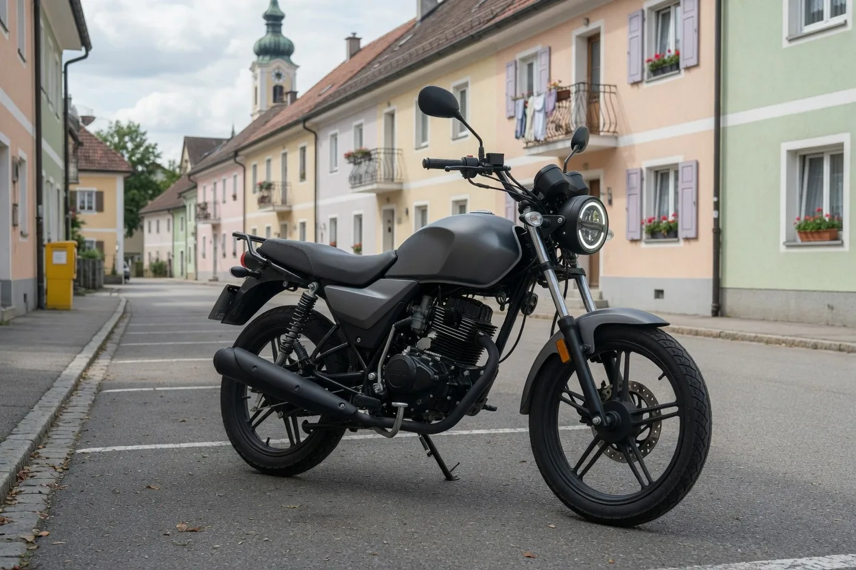 Ilustrační naked motocykl 125 cm³ s kulatým světlem v rakouském městečku