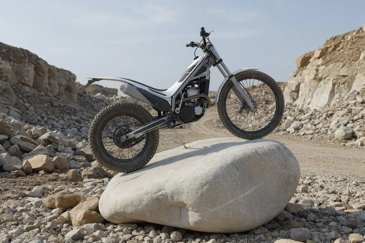 Ilustrační trialový motocykl na balvanu v kamenitém cvičném areálu